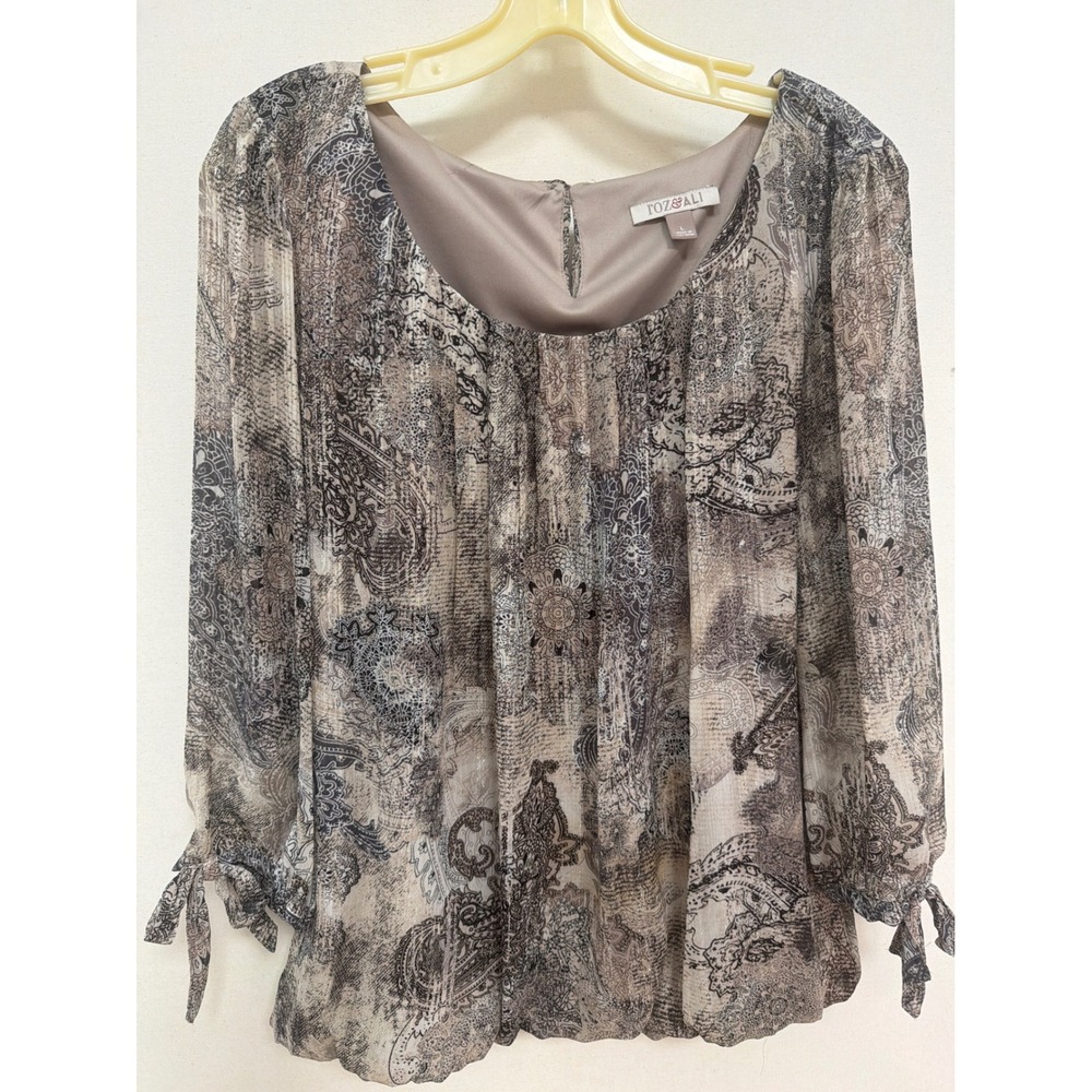 Roz & Ali Paisley Chiffon Blouse Taupe Grey Tie Sleeve L